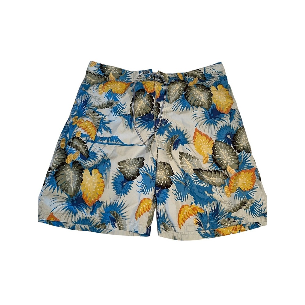 Nautica Swim Trunks Men's 36 Leaf Hawaiian Island Print Blue Green Golden Yellow
